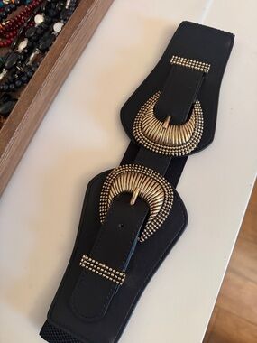 Black Elastic Belt with Gold Buckle Accents